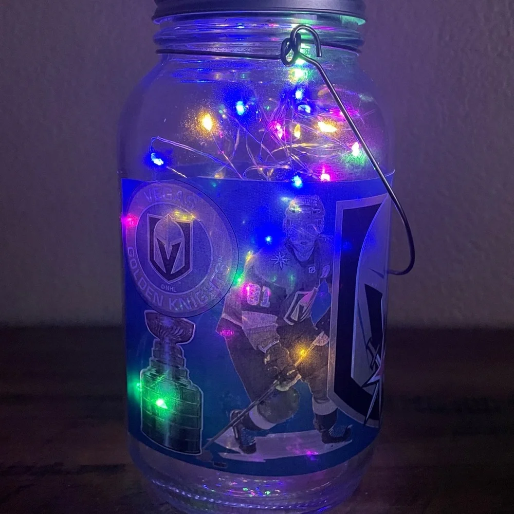 Golden Knights Hockey Theme Light-Up Mason Jar with Handle
